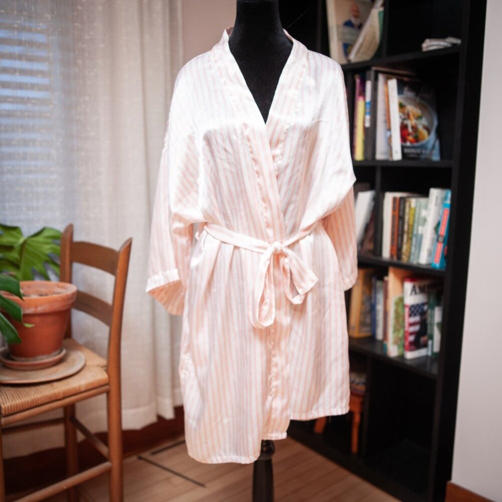 Vintage Nordstrom Lingerie Pink White Stripe Robe Belted M Coquette Boudoir